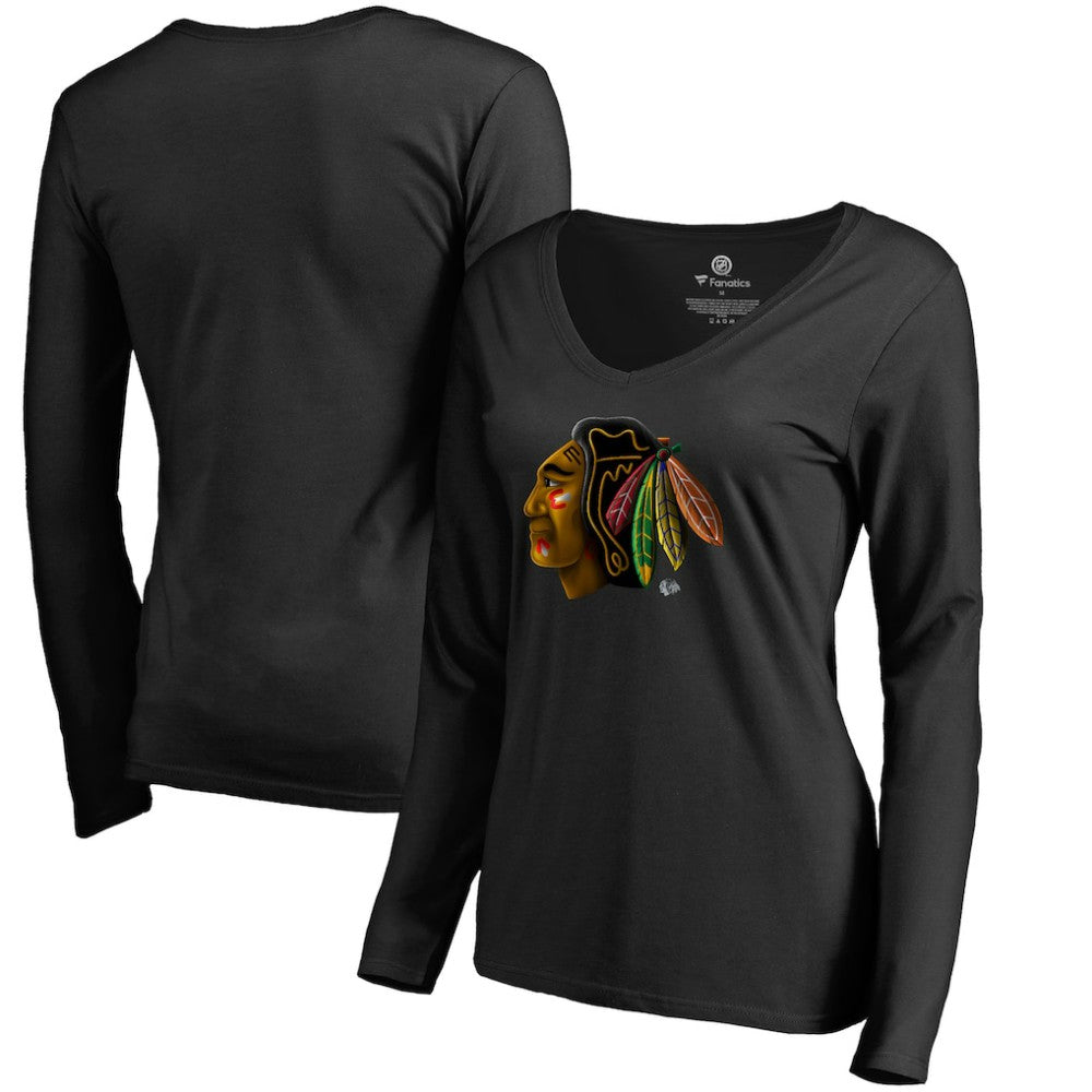Chicago Blackhawks Women's Midnight Mascot Long Sleeve V-Neck T-Shirt Black