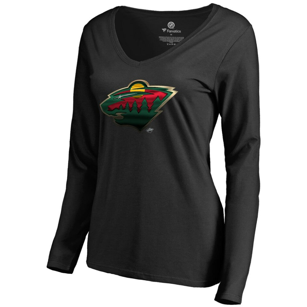 Minnesota Wild Women's Midnight Mascot Long Sleeve V-Neck T-Shirt Black