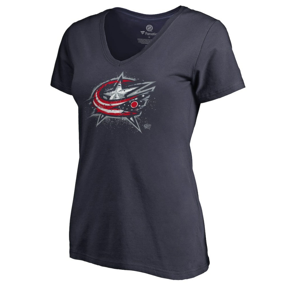 Columbus Blue Jackets Women's Splatter Logo V-Neck T-Shirt Navy