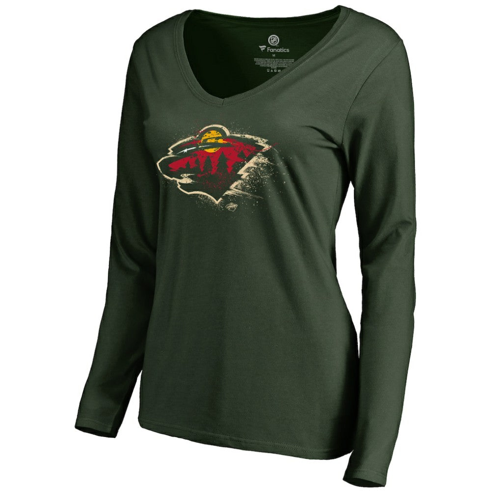 Minnesota Wild Women's Splatter Logo V-Neck Long Sleeve T-Shirt Green