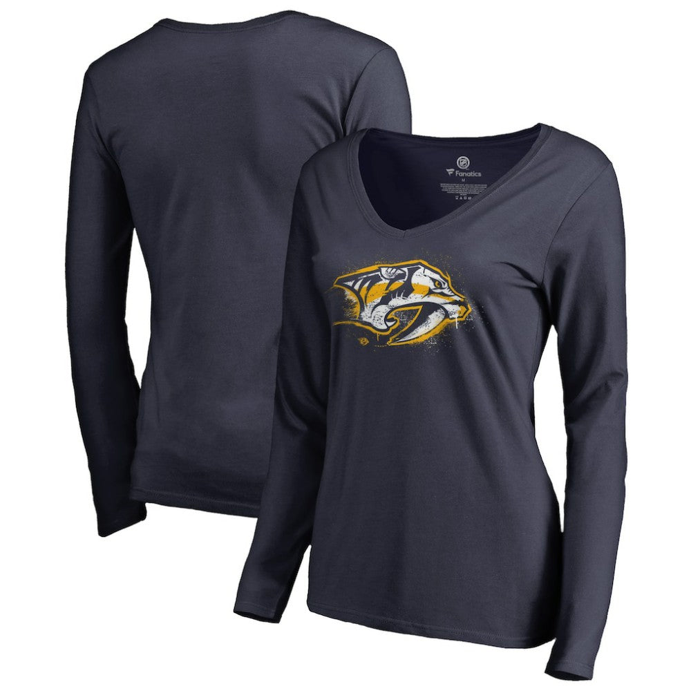 Nashville Predators Women's Splatter Logo V-Neck Long Sleeve T-Shirt Navy