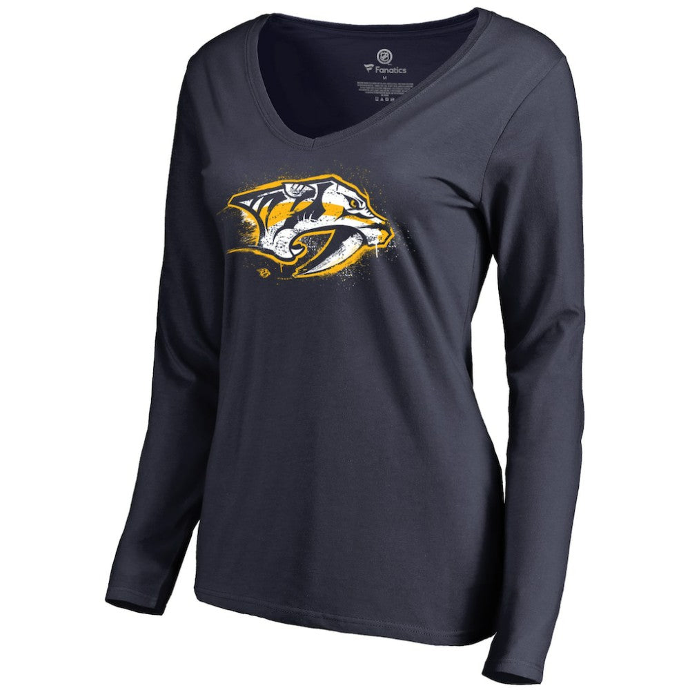 Nashville Predators Women's Splatter Logo V-Neck Long Sleeve T-Shirt Navy