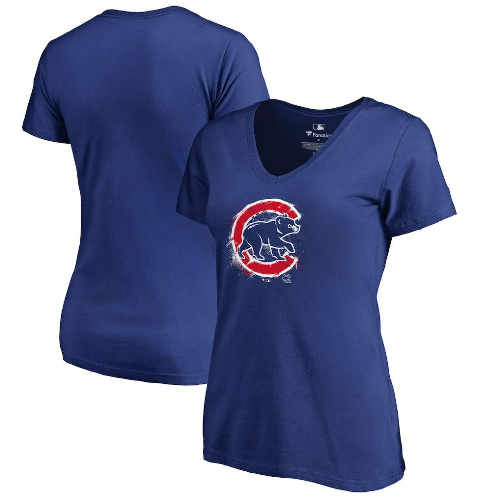 Chicago Cubs Women's Splatter Logo V-Neck T-Shirt Royal