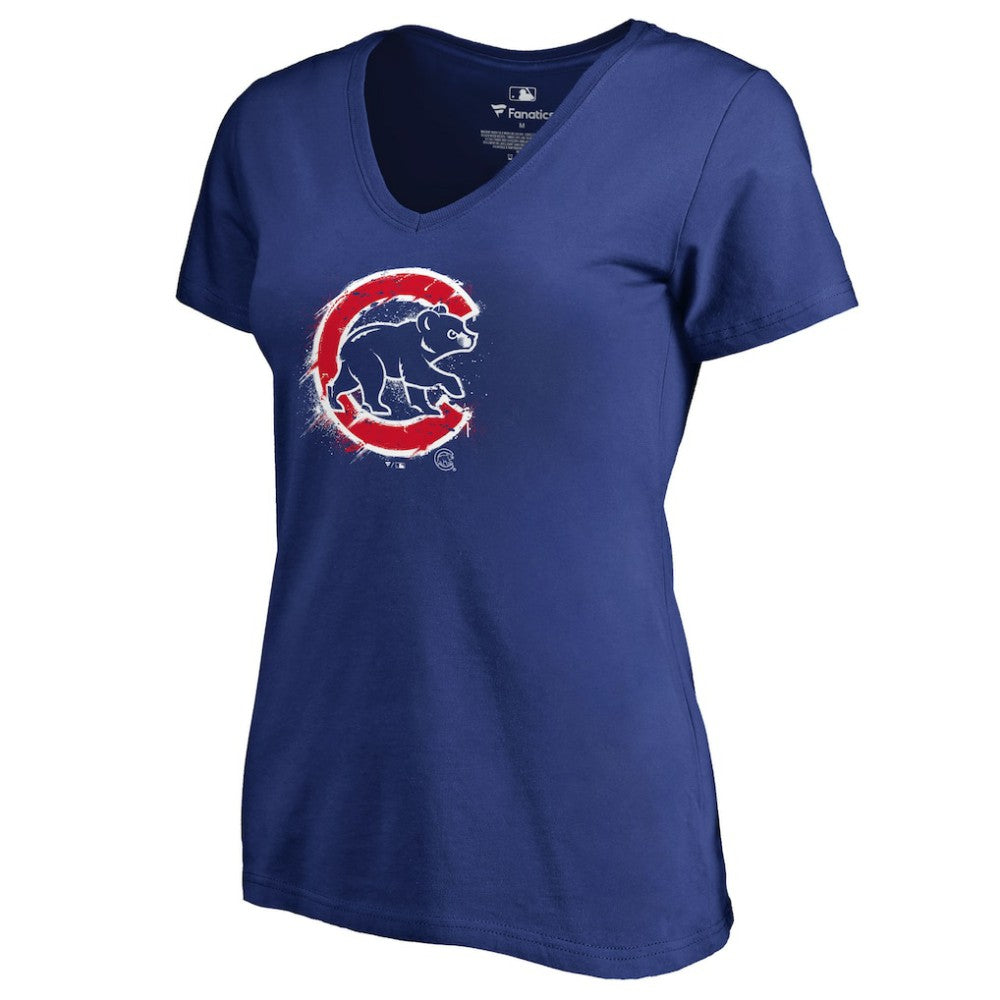 Chicago Cubs Women's Splatter Logo V-Neck T-Shirt Royal