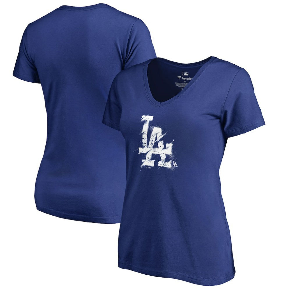 Los Angeles Dodgers Women's Splatter Logo V-Neck T-Shirt Royal