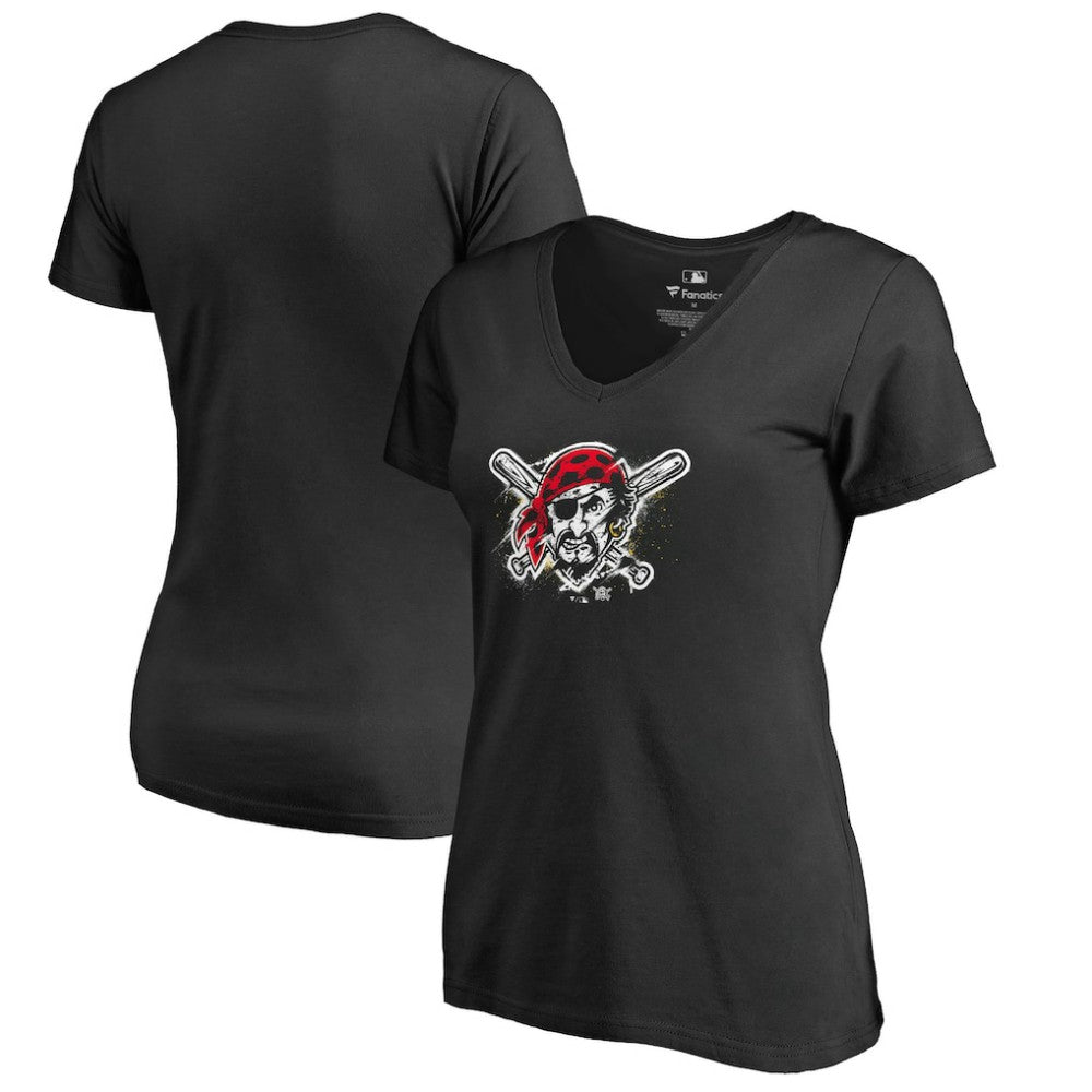 Pittsburgh Pirates Women's Splatter Logo V-Neck T-Shirt Black