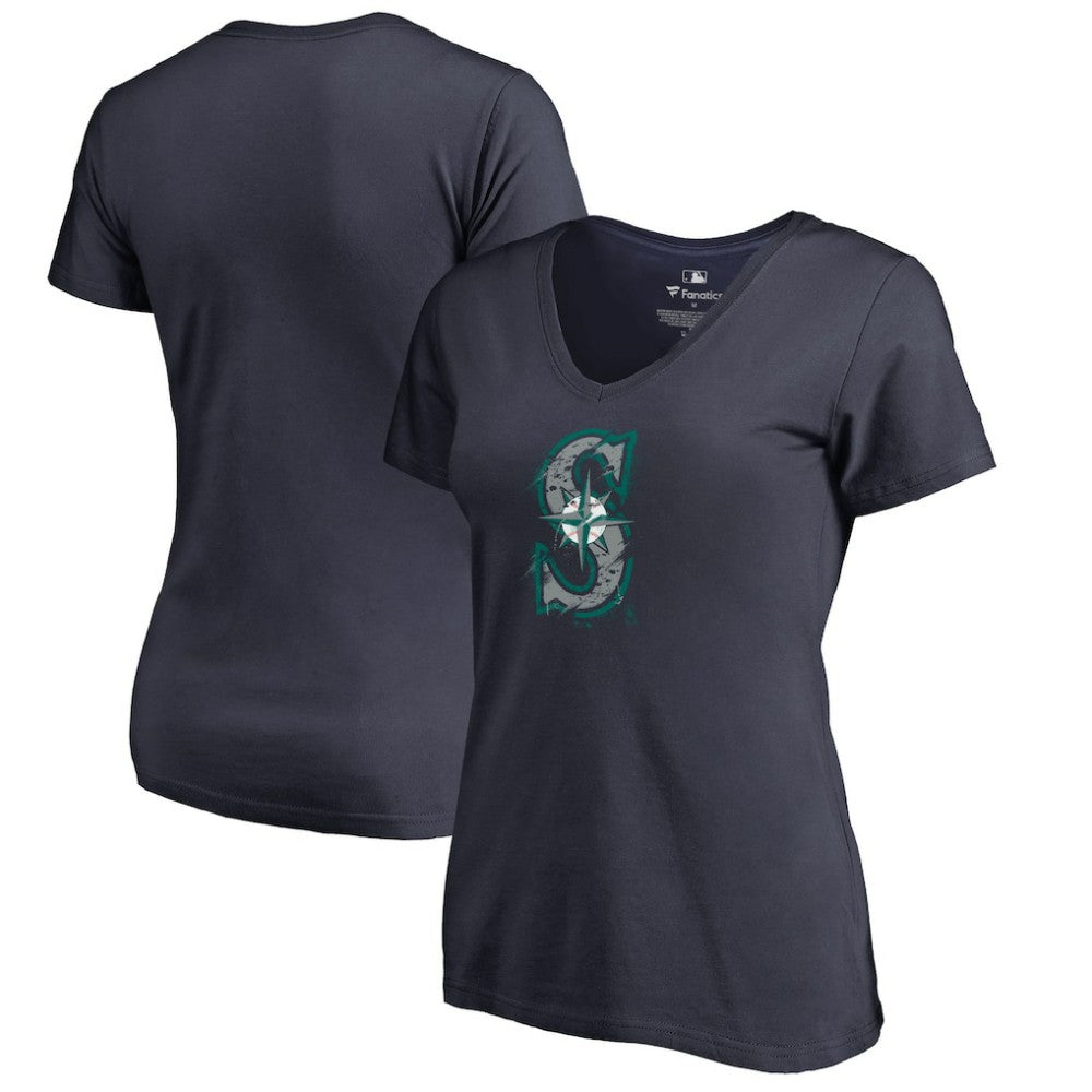 Seattle Mariners Women's Splatter Logo V-Neck T-Shirt Navy
