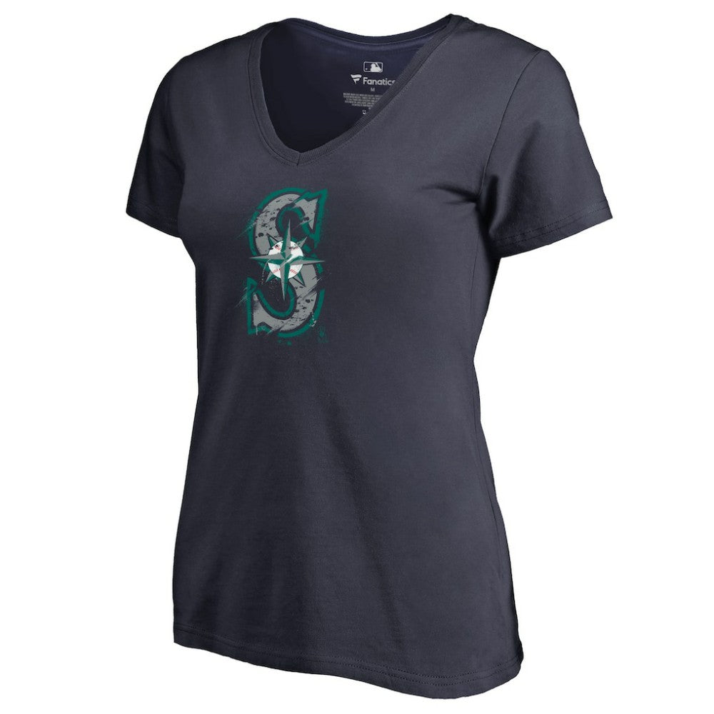 Seattle Mariners Women's Splatter Logo V-Neck T-Shirt Navy
