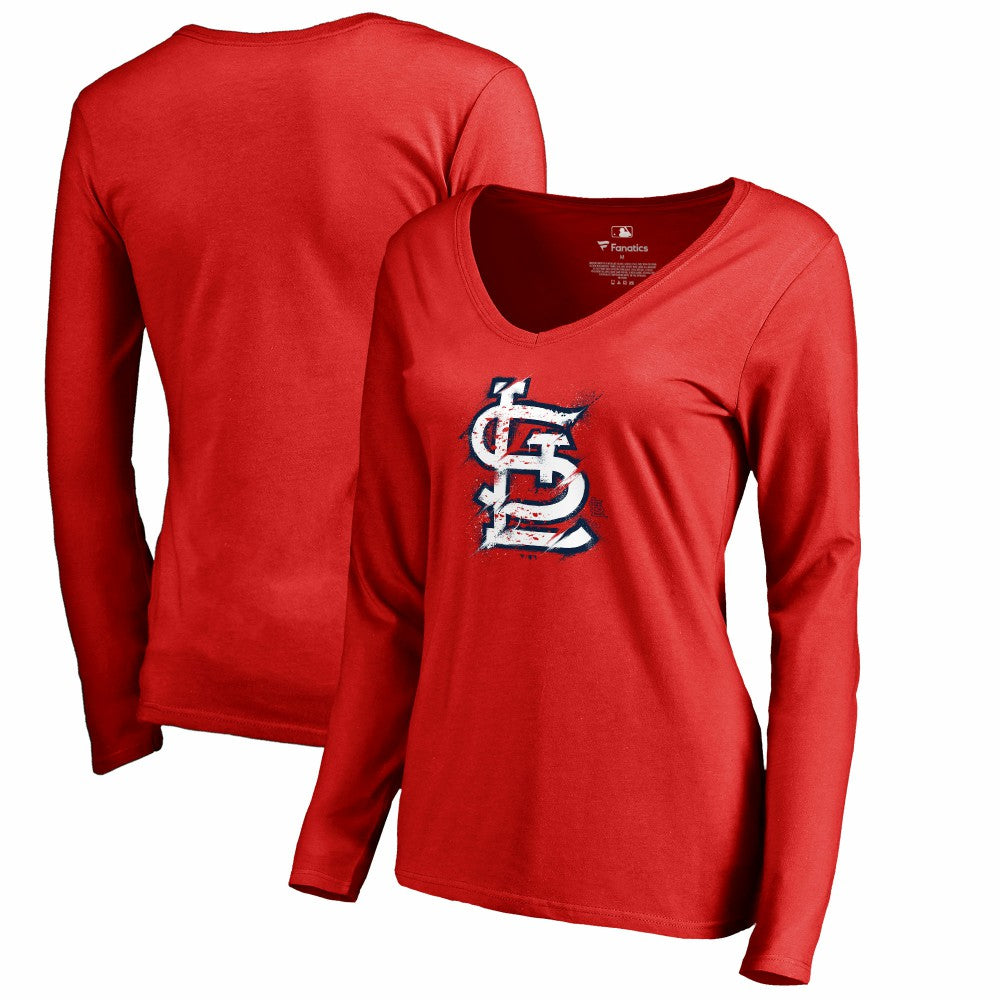 St. Louis Cardinals Women's Splatter Logo Long Sleeve V-Neck T-Shirt Red