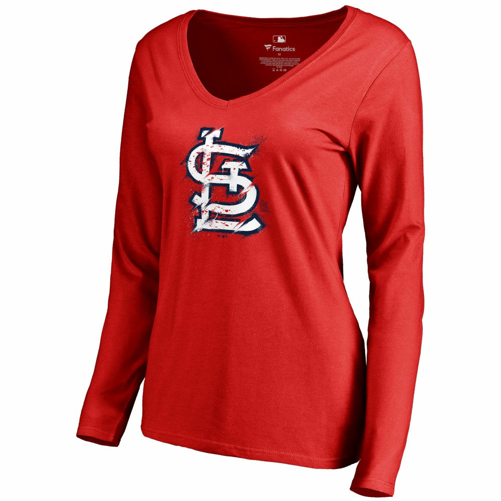 St. Louis Cardinals Women's Splatter Logo Long Sleeve V-Neck T-Shirt Red