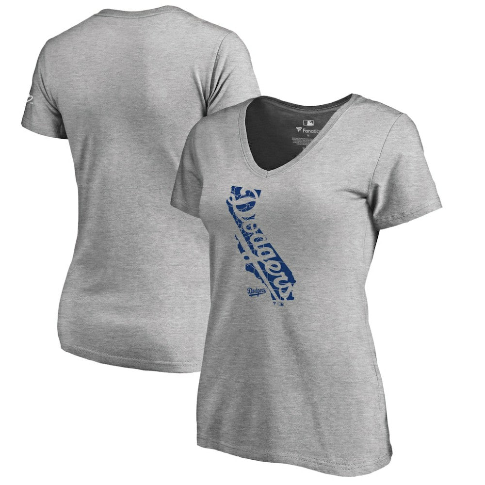 Los Angeles Dodgers Women's Hometown Collection Knockout State V-Neck T-Shirt Ash