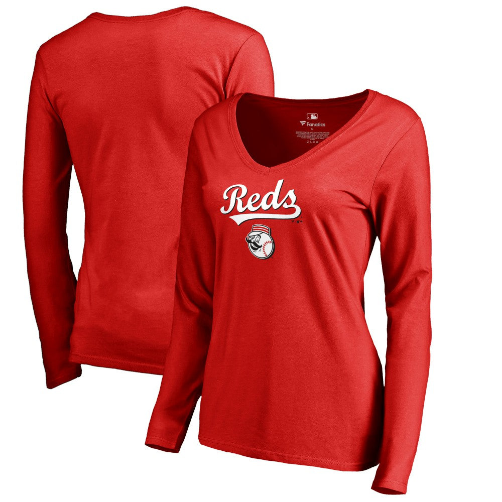 Cincinnati Reds Women's Team Lockup Slim Fit Long Sleeve V-Neck T-Shirt Red