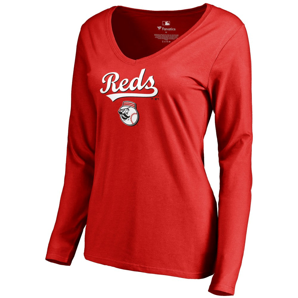 Cincinnati Reds Women's Team Lockup Slim Fit Long Sleeve V-Neck T-Shirt Red