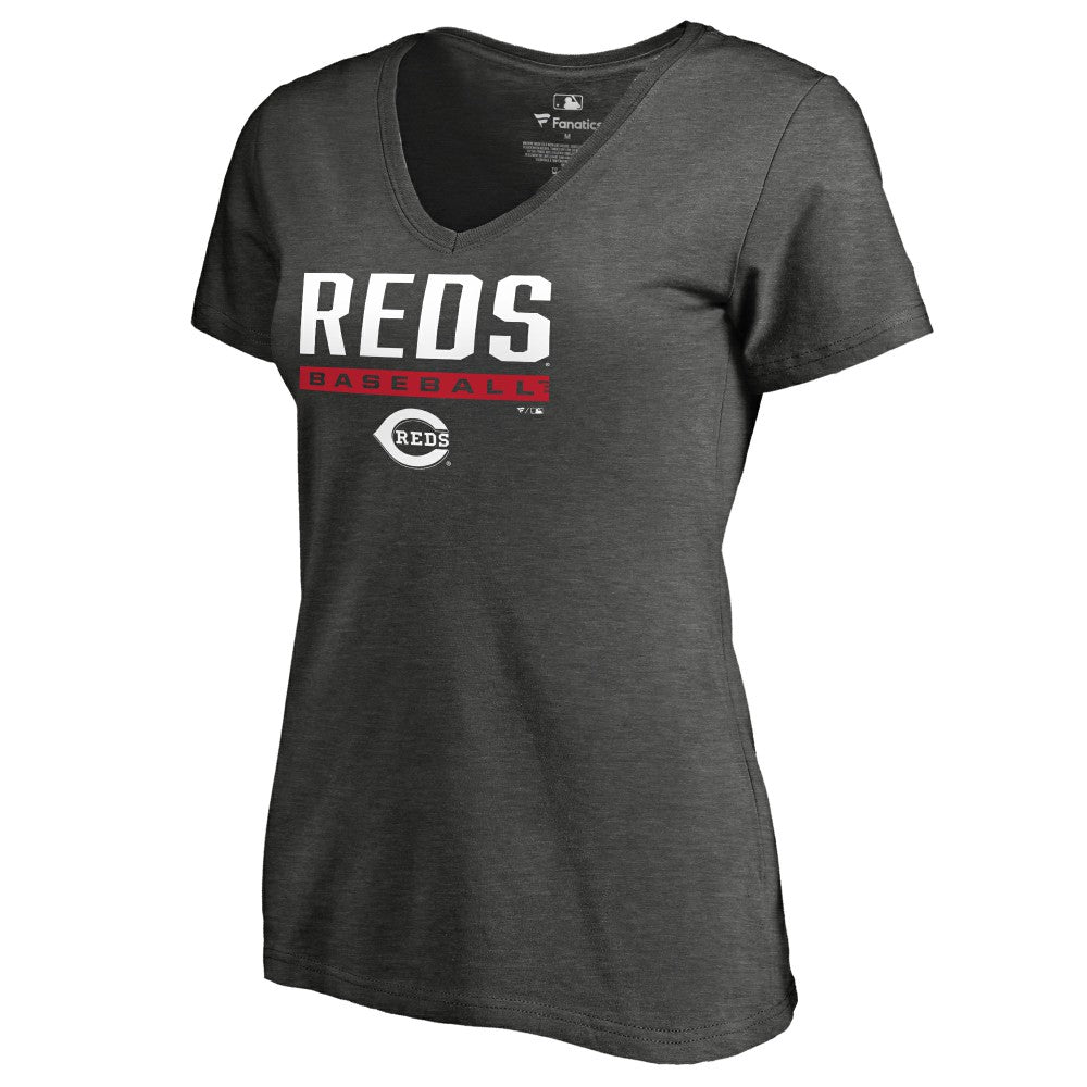 Cincinnati Reds Women's Win Stripe V-Neck T-Shirt Ash