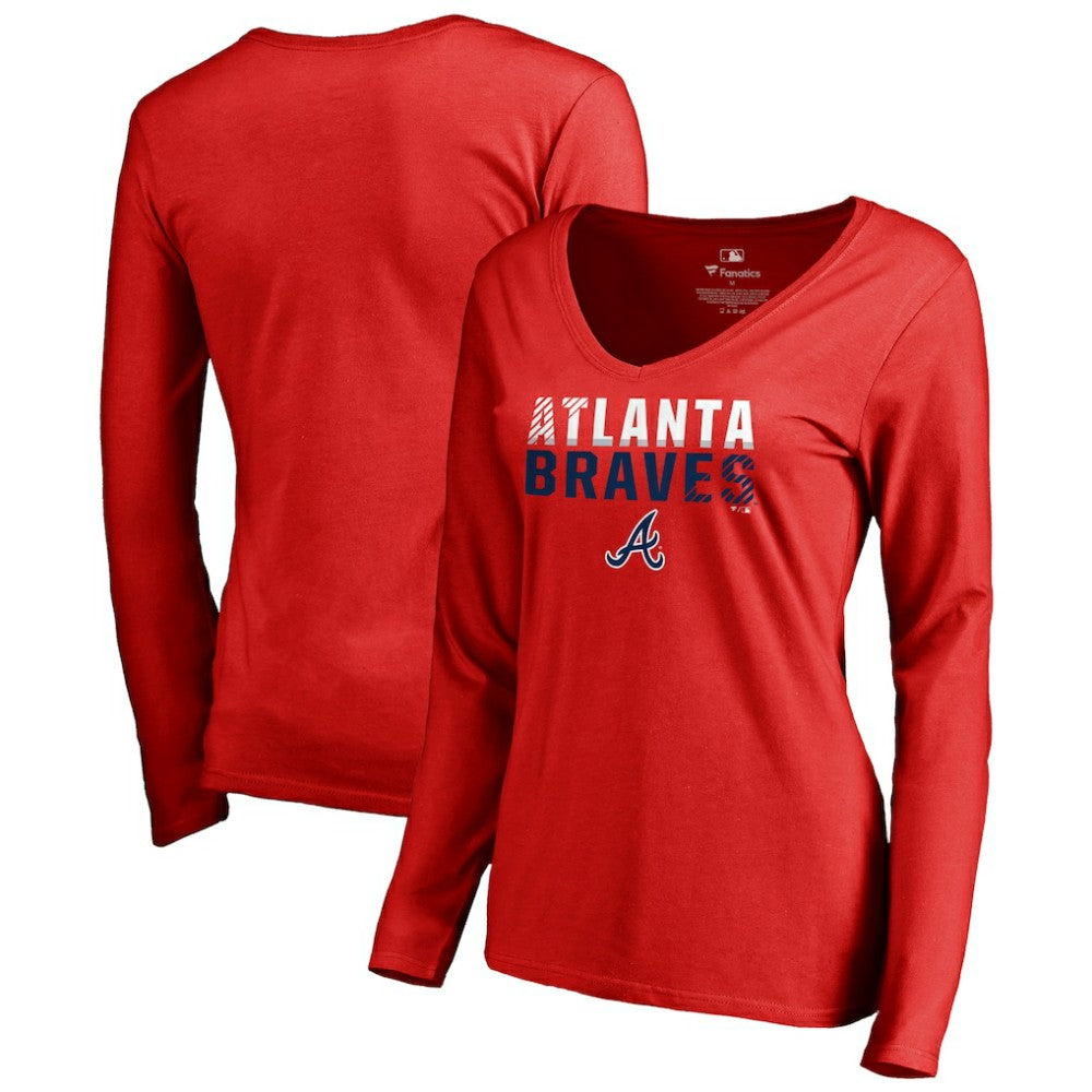 Atlanta Braves Women's Fade Out V-Neck Long Sleeve T-Shirt Red
