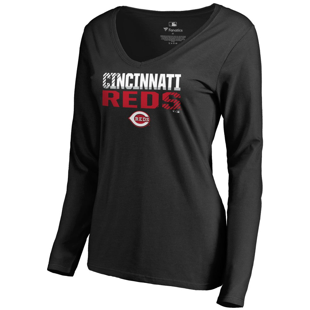 Cincinnati Reds Women's Fade Out V-Neck Long Sleeve T-Shirt Black