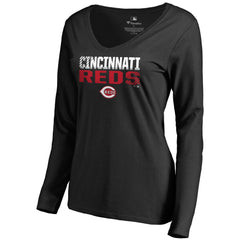 Cincinnati Reds Women's Fade Out V-Neck Long Sleeve T-Shirt Black