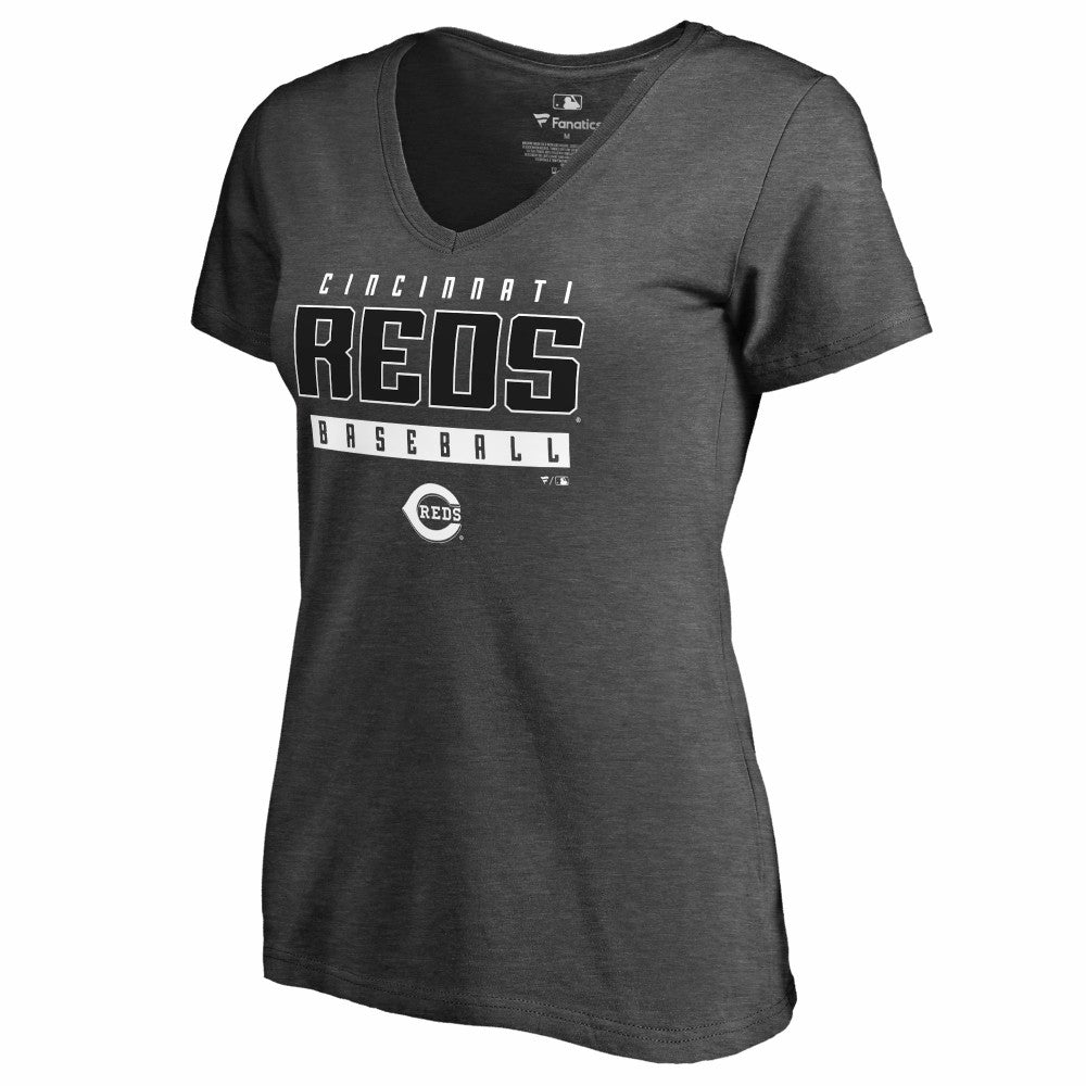 Cincinnati Reds Women's Charcoal Stack V-Neck T-Shirt Ash