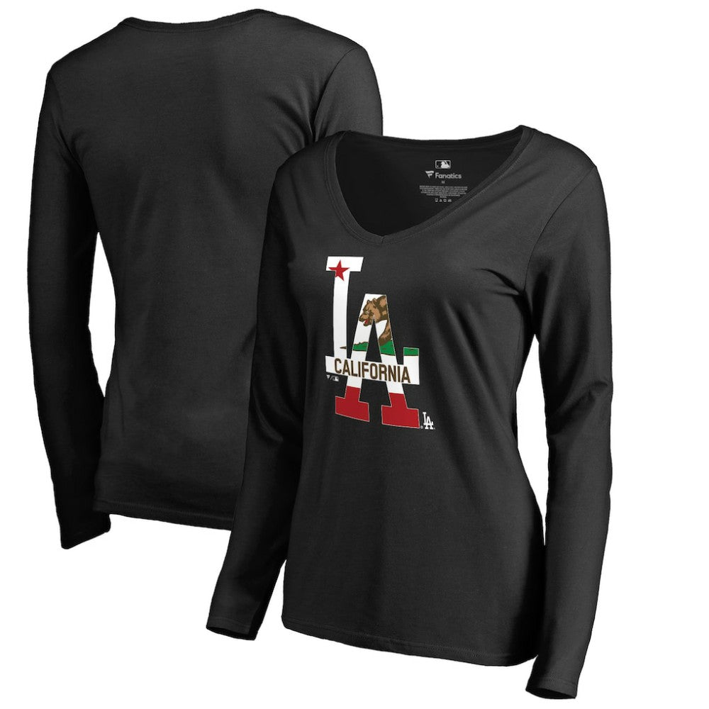 Los Angeles Dodgers Women's Hometown Collection Cali Flag Long Sleeve V-Neck T-Shirt Black
