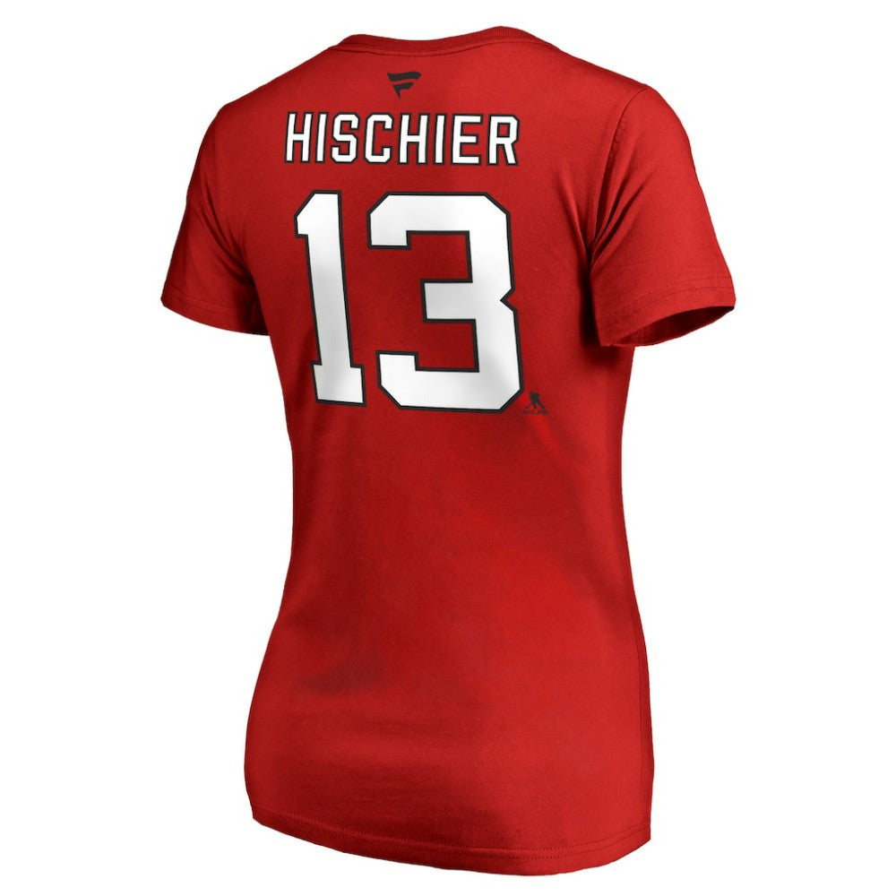 Nico Hischier New Jersey Devils Women's Authentic Stack Name & Number V-Neck T-Shirt Red
