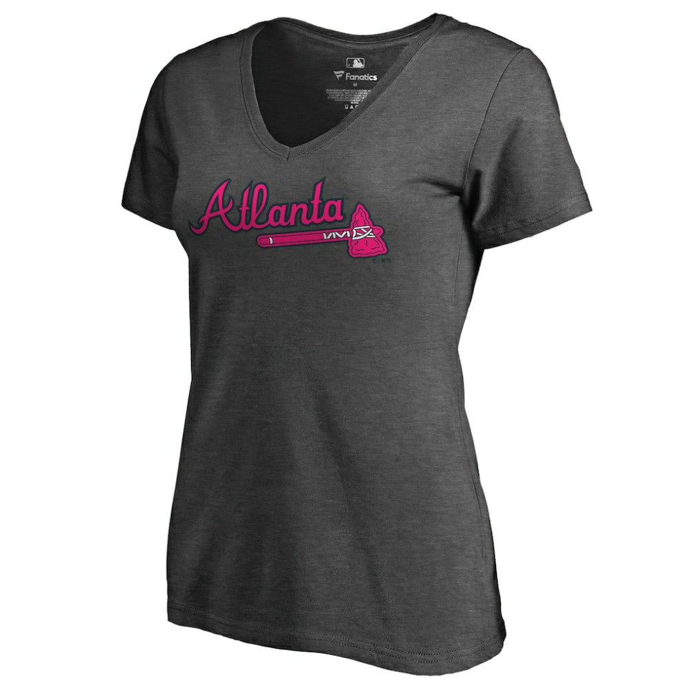 Atlanta Braves Women's Pink Wordmark V-Neck T-Shirt Heathered Gray