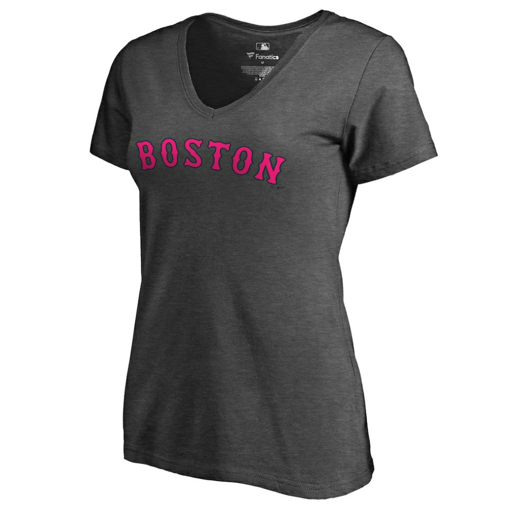 Boston Red Sox Women's Pink Wordmark V-Neck T-Shirt Heathered Gray