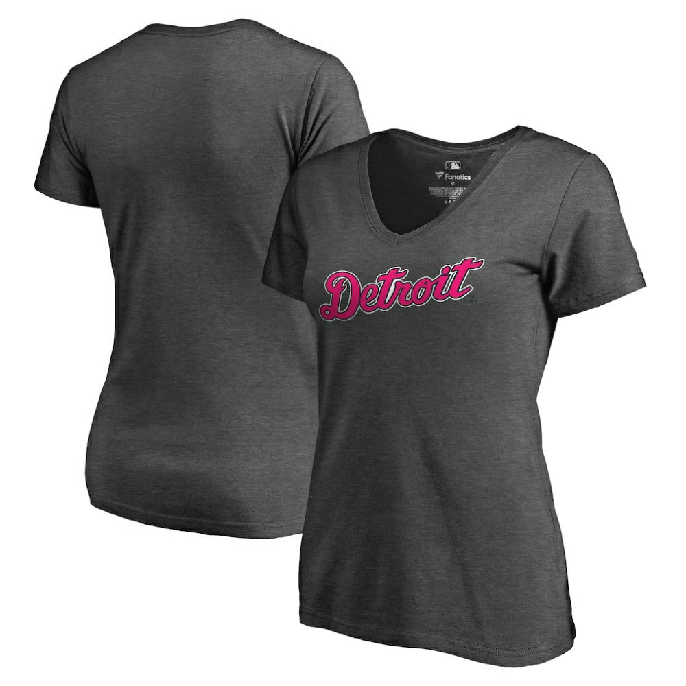 Detroit Tigers Women's Pink Wordmark V-Neck T-Shirt Heathered Gray