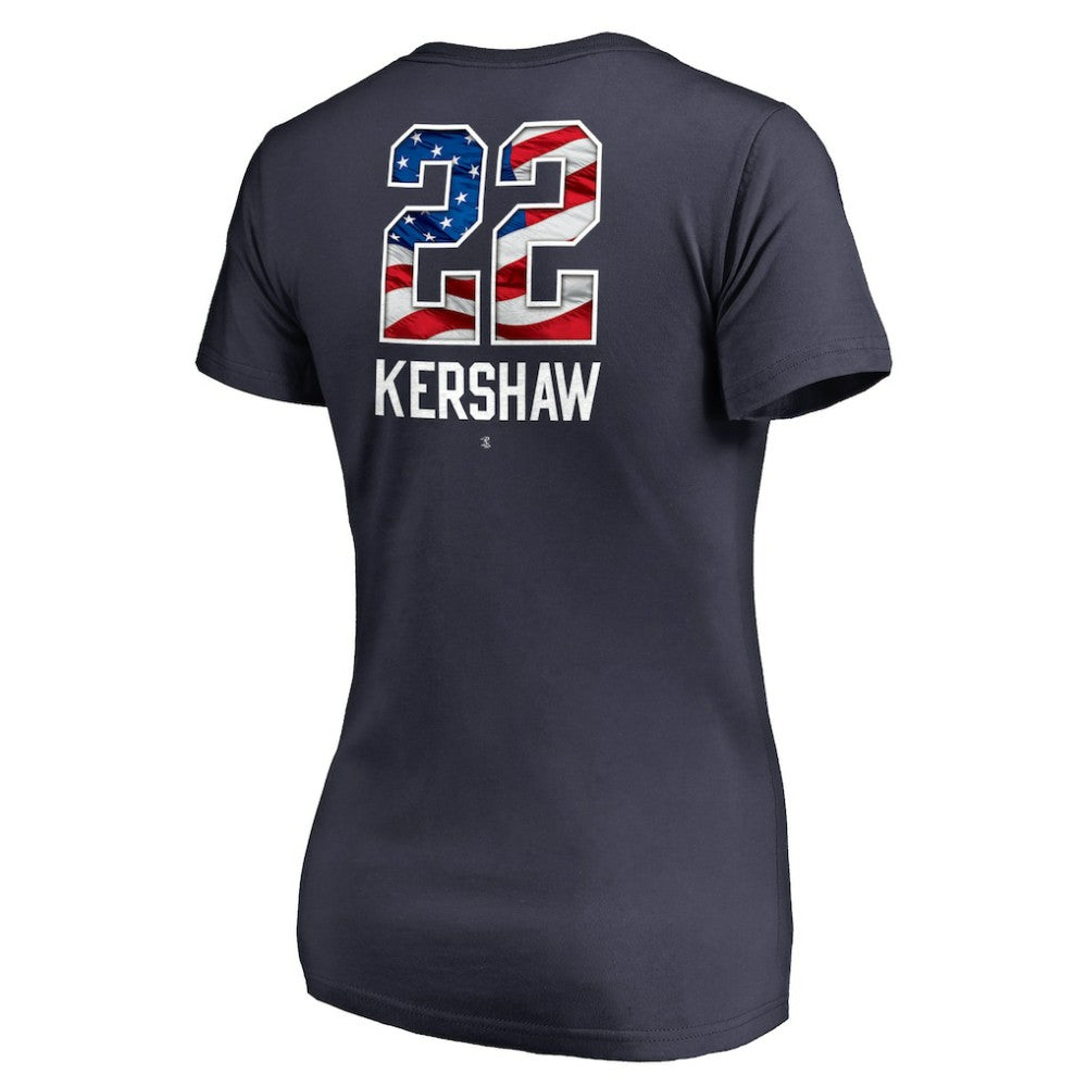 Clayton Kershaw Los Angeles Dodgers Women's Banner Wave Name & Number V-Neck T-Shirt Navy