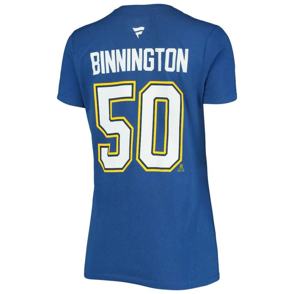 Jordan Binnington St. Louis Blues Fanatics Women's Authentic Stack Name & Number V-Neck T-Shirt Blue