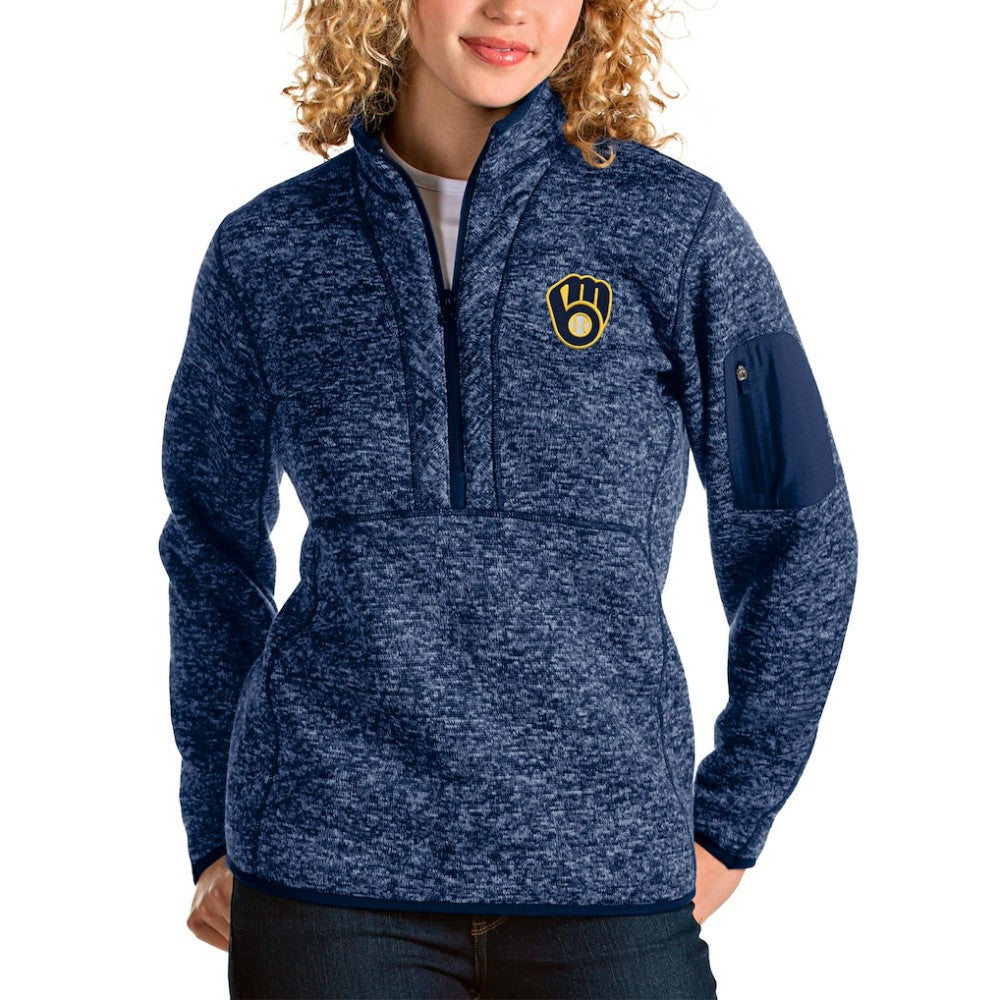 Milwaukee Brewers Antigua Women's Fortune Half-Zip Pullover Jacket Heather Navy