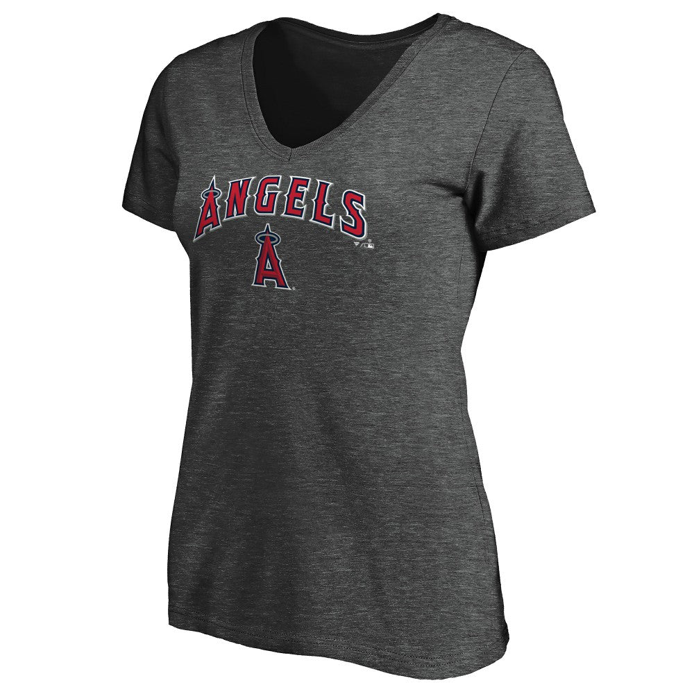 Los Angeles Angels Women's Team Logo Lockup V-Neck T-Shirt Heathered Charcoal