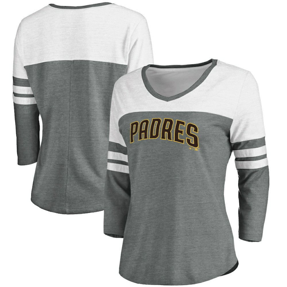 San Diego Padres Women's Official Wordmark 3/4 Sleeve V-Neck T-Shirt Heathered Gray/White