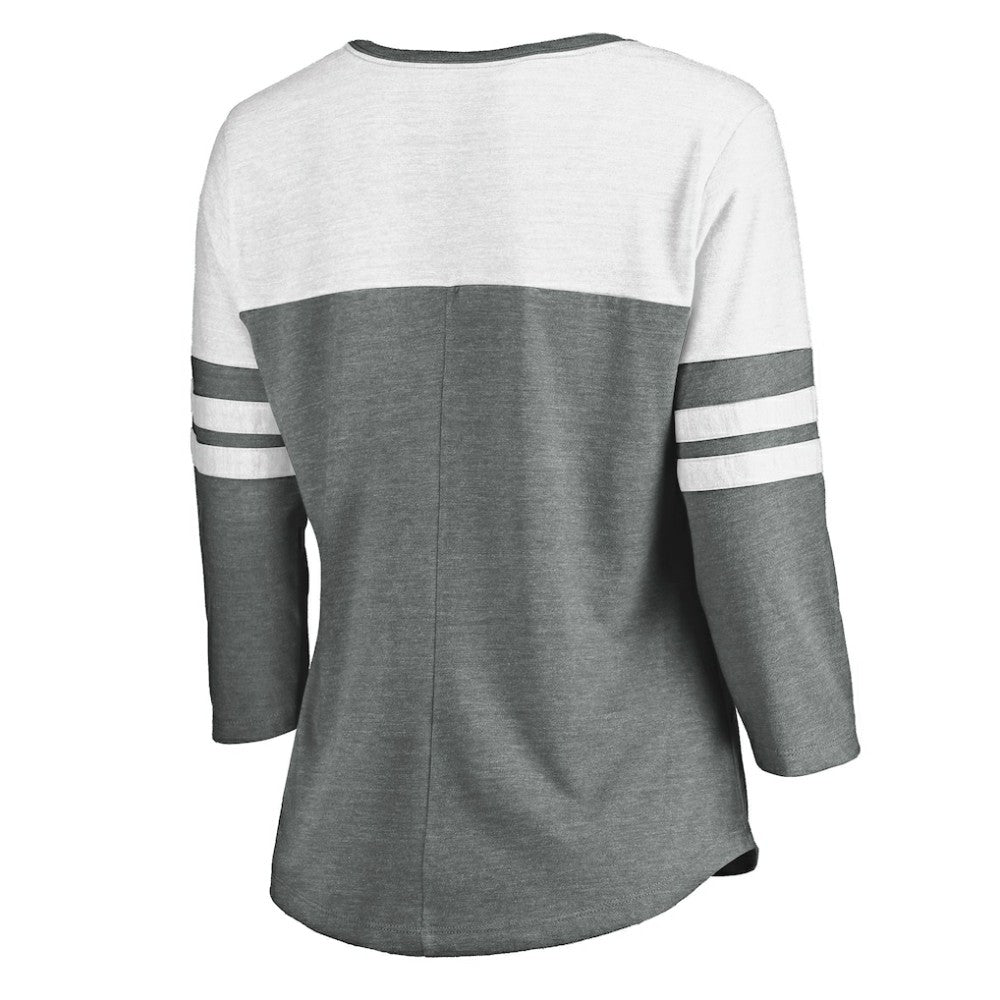 San Diego Padres Women's Official Wordmark 3/4 Sleeve V-Neck T-Shirt Heathered Gray/White