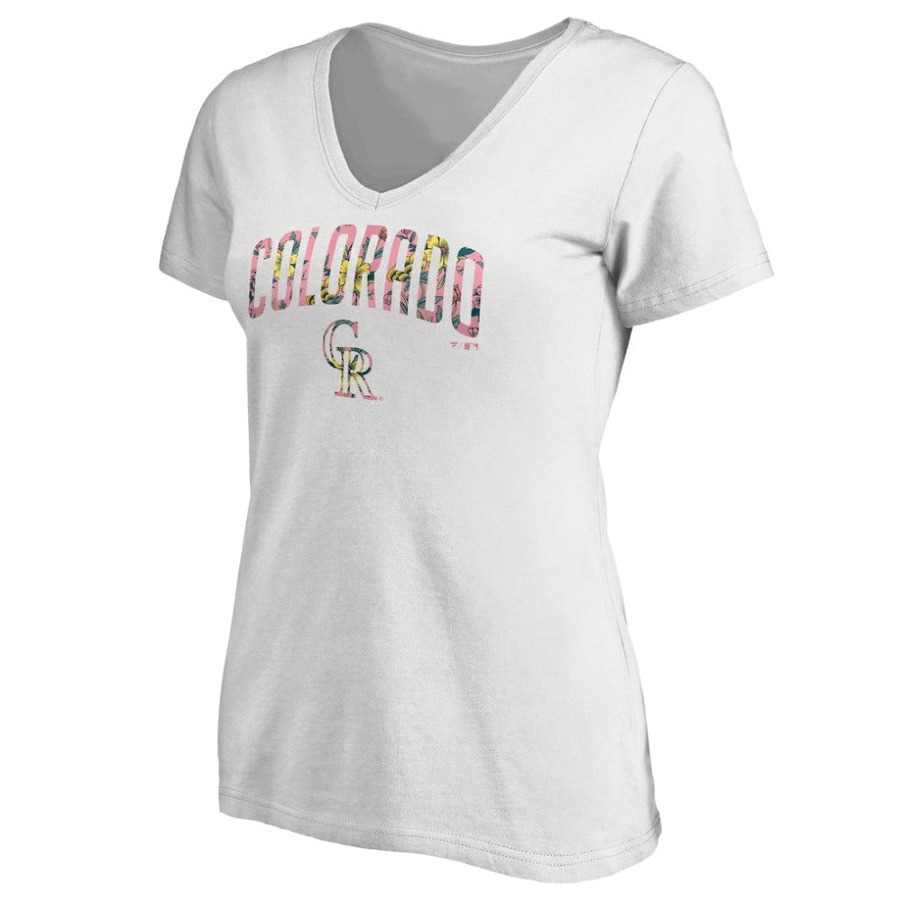 Colorado Rockies Women's Floral Arched Logo V-Neck T-Shirt White