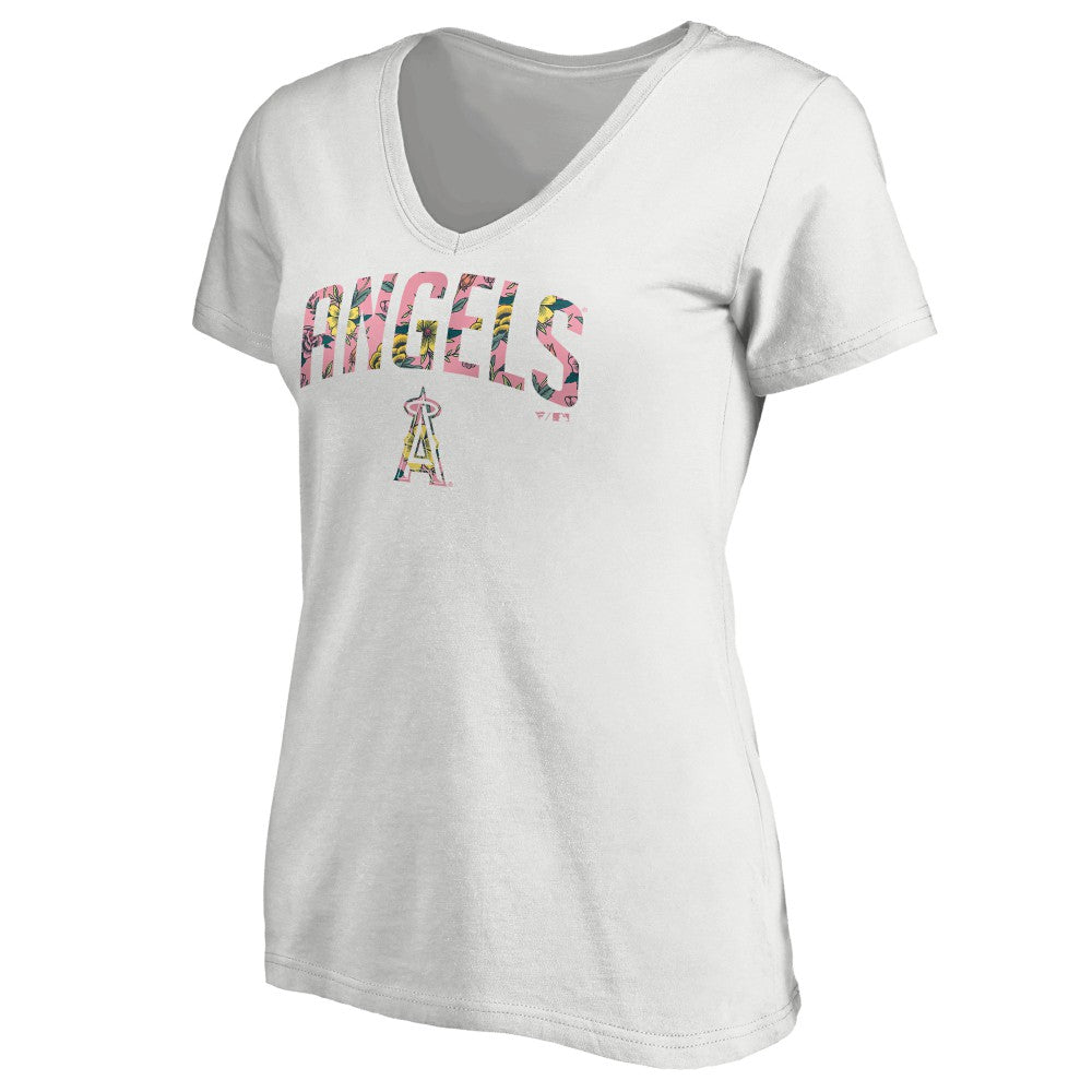 Los Angeles Angels Women's Floral Arched Logo V-Neck T-Shirt White