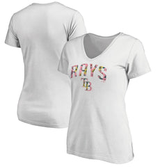Tampa Bay Rays Women's Floral Arched Logo V-Neck T-Shirt White