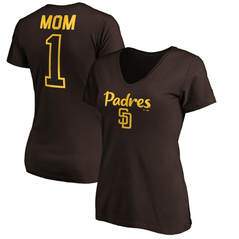 San Diego Padres Women's #1 Mom Logo V-Neck T-Shirt Brown