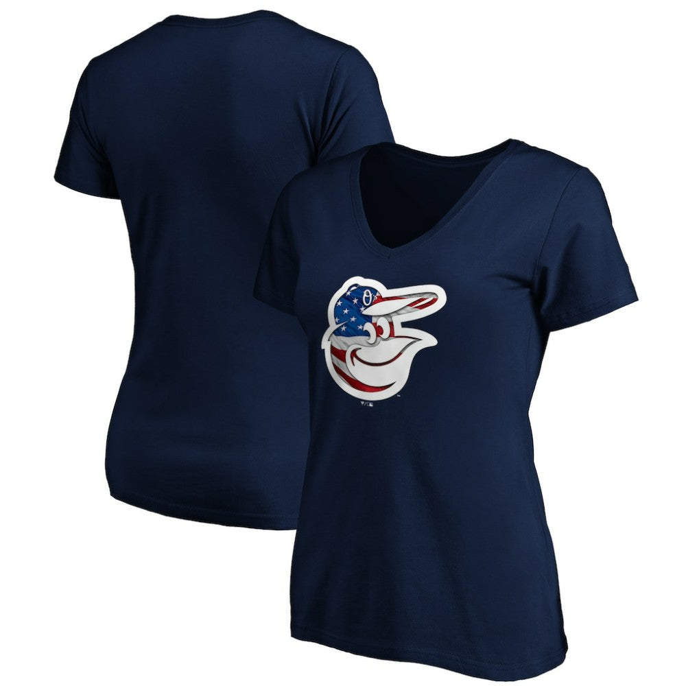 Baltimore Orioles Logo Women's Banner Wave V-Neck T-Shirt Navy