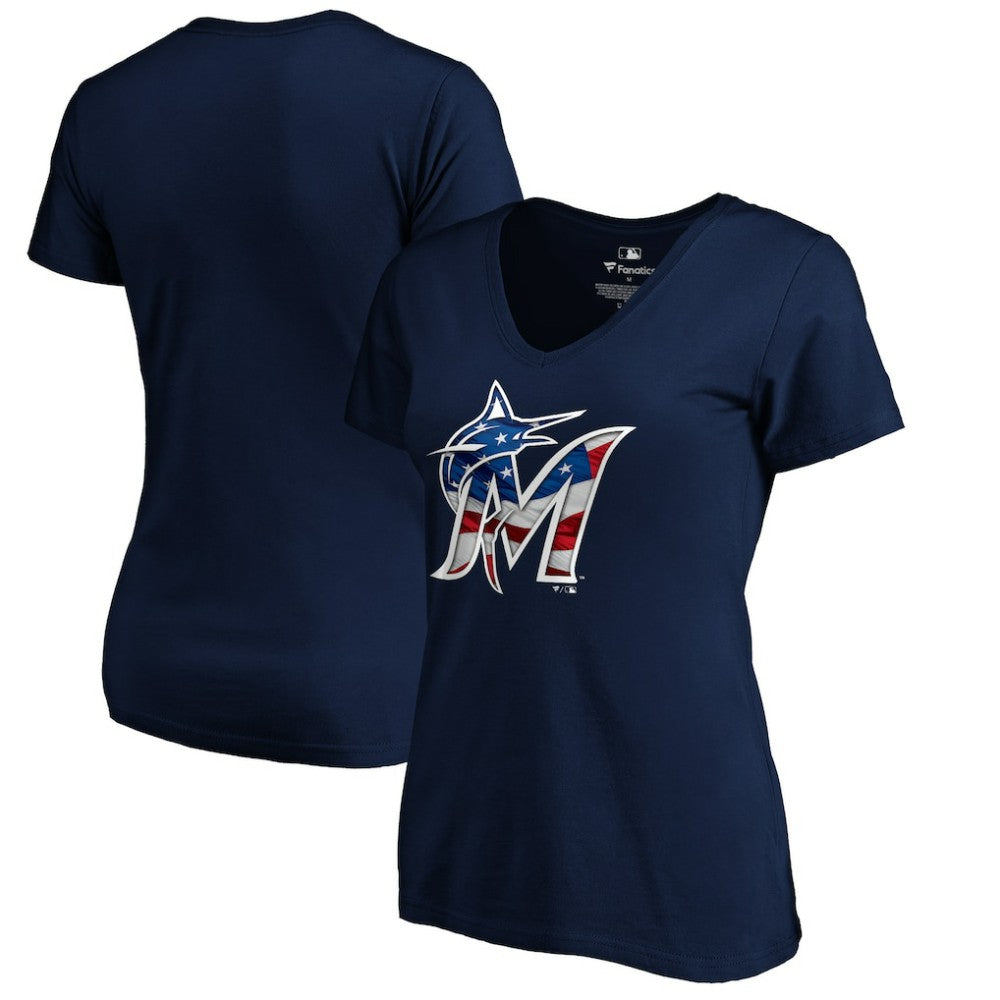 Miami Marlins Logo Women's Banner Wave V-Neck T-Shirt Navy