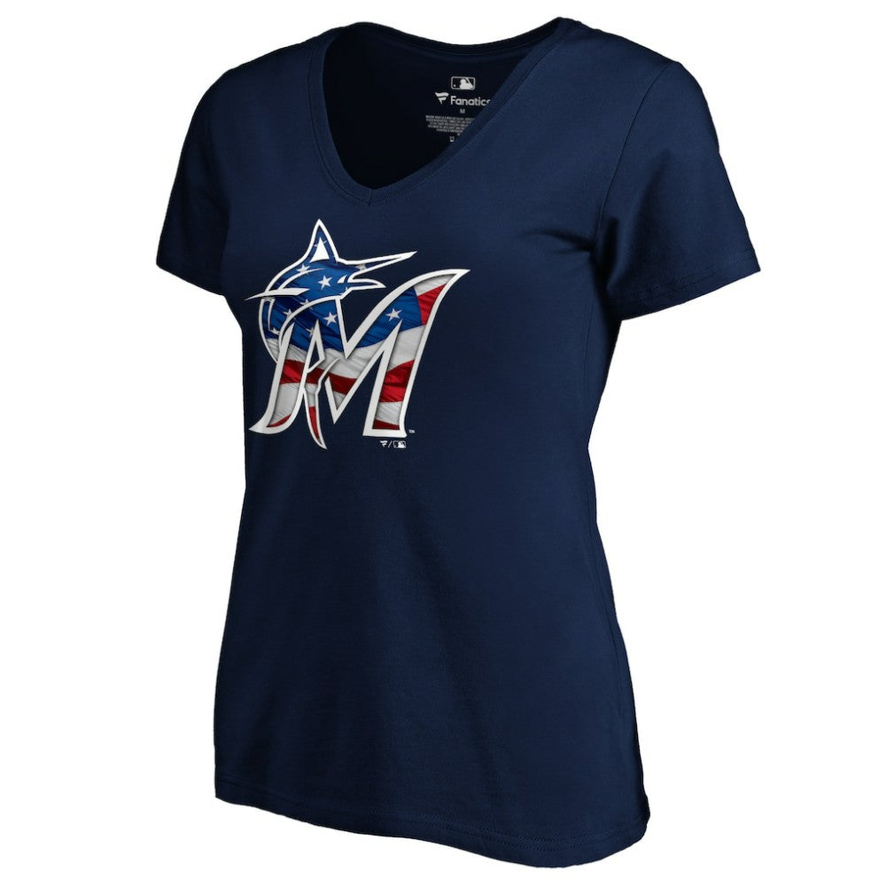 Miami Marlins Logo Women's Banner Wave V-Neck T-Shirt Navy