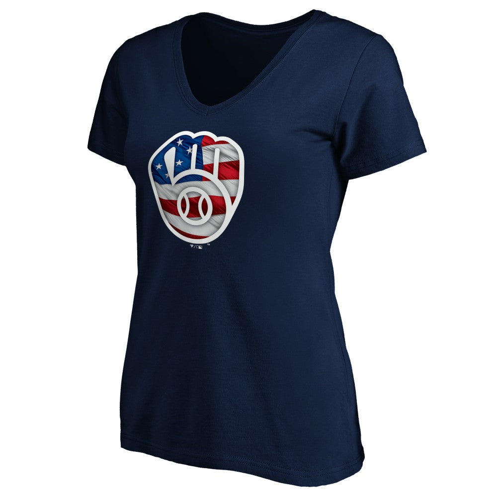 Milwaukee Brewers Logo Women's Banner Wave V-Neck T-Shirt Navy