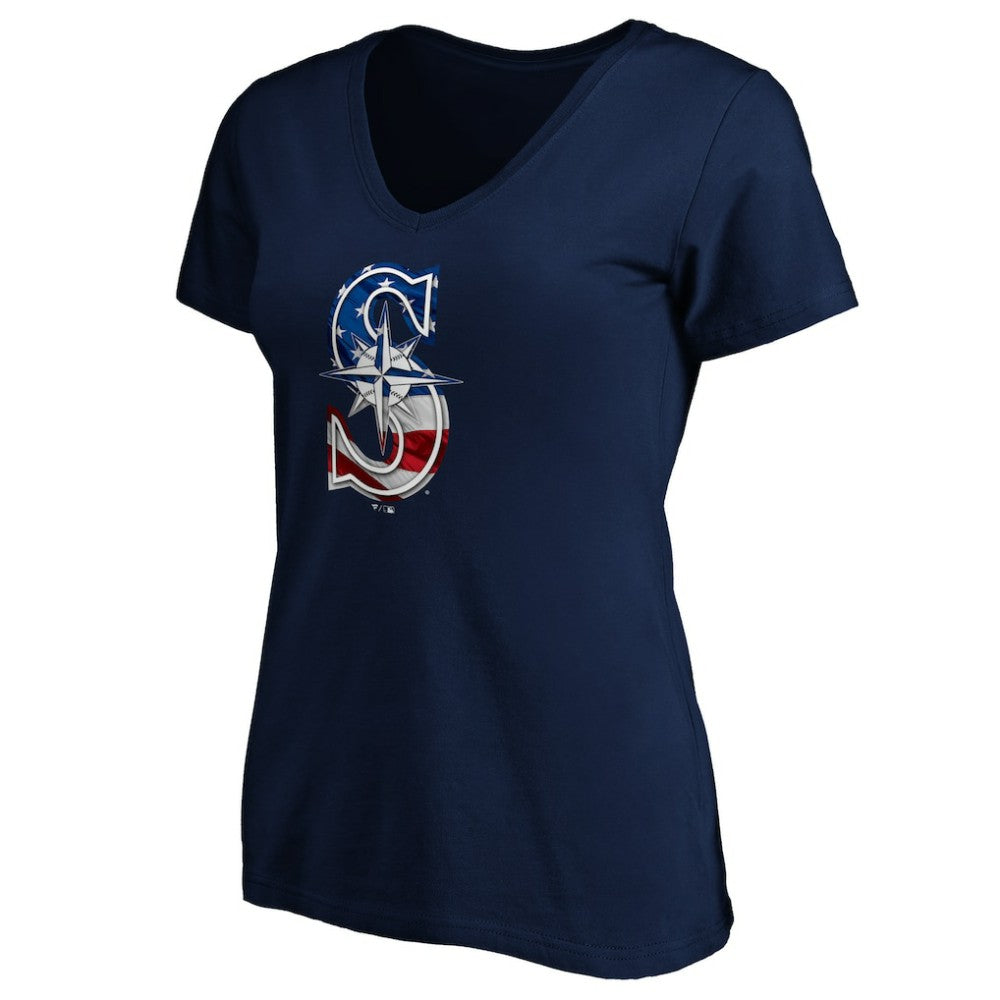 Seattle Mariners Logo Women's Banner Wave V-Neck T-Shirt Navy