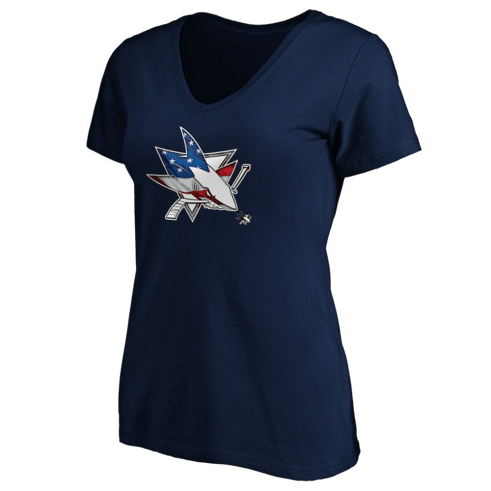 San Jose Sharks Women's Banner Wave Logo V-Neck T-Shirt T-Shirt Navy
