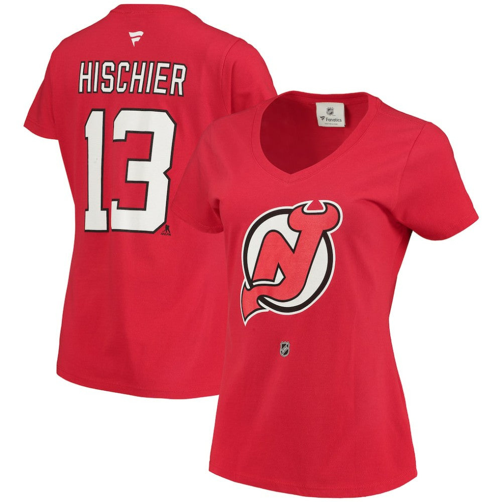 Nico Hischier New Jersey Devils Fanatics Women's Name & Number Logo V-Neck T-Shirt Red