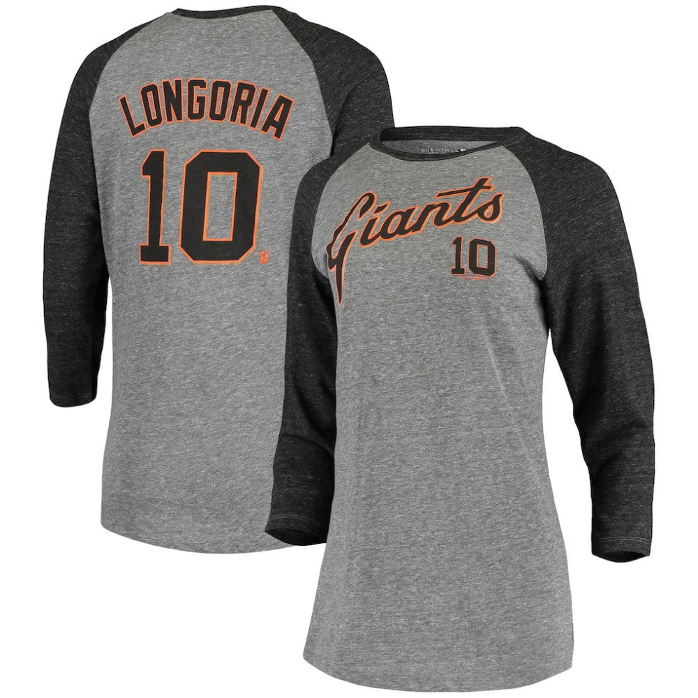 Evan Longoria San Francisco Giants 5th & Ocean by Women's Script Name & Number Raglan Tri-Blend 3/4-Sleeve T-Shirt Gray | New Era