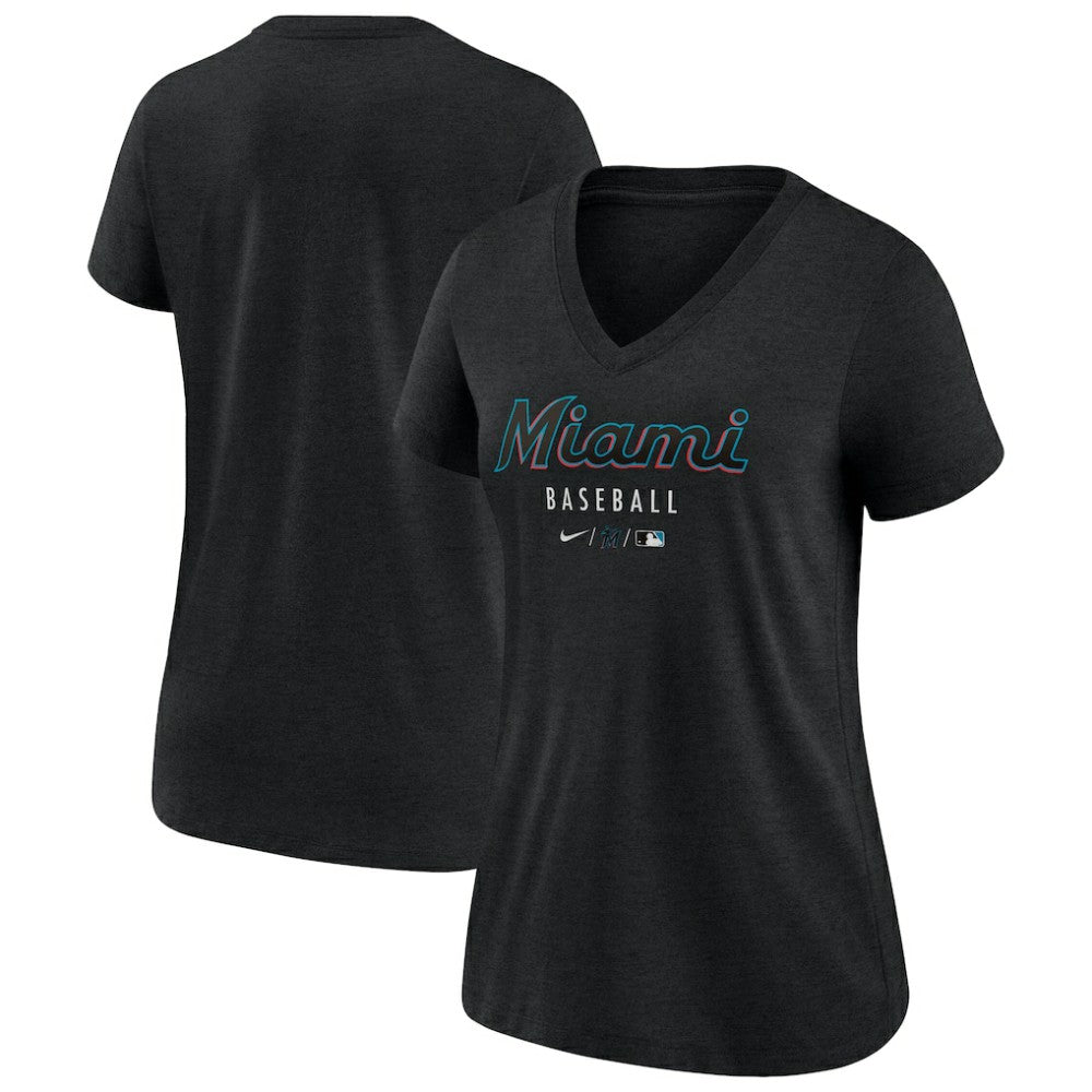 Miami Marlins Women's Authentic Collection Tri-Blend V-Neck T-Shirt Heather Black | Nike