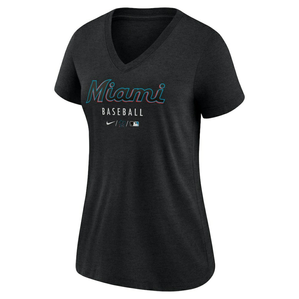 Miami Marlins Women's Authentic Collection Tri-Blend V-Neck T-Shirt Heather Black | Nike