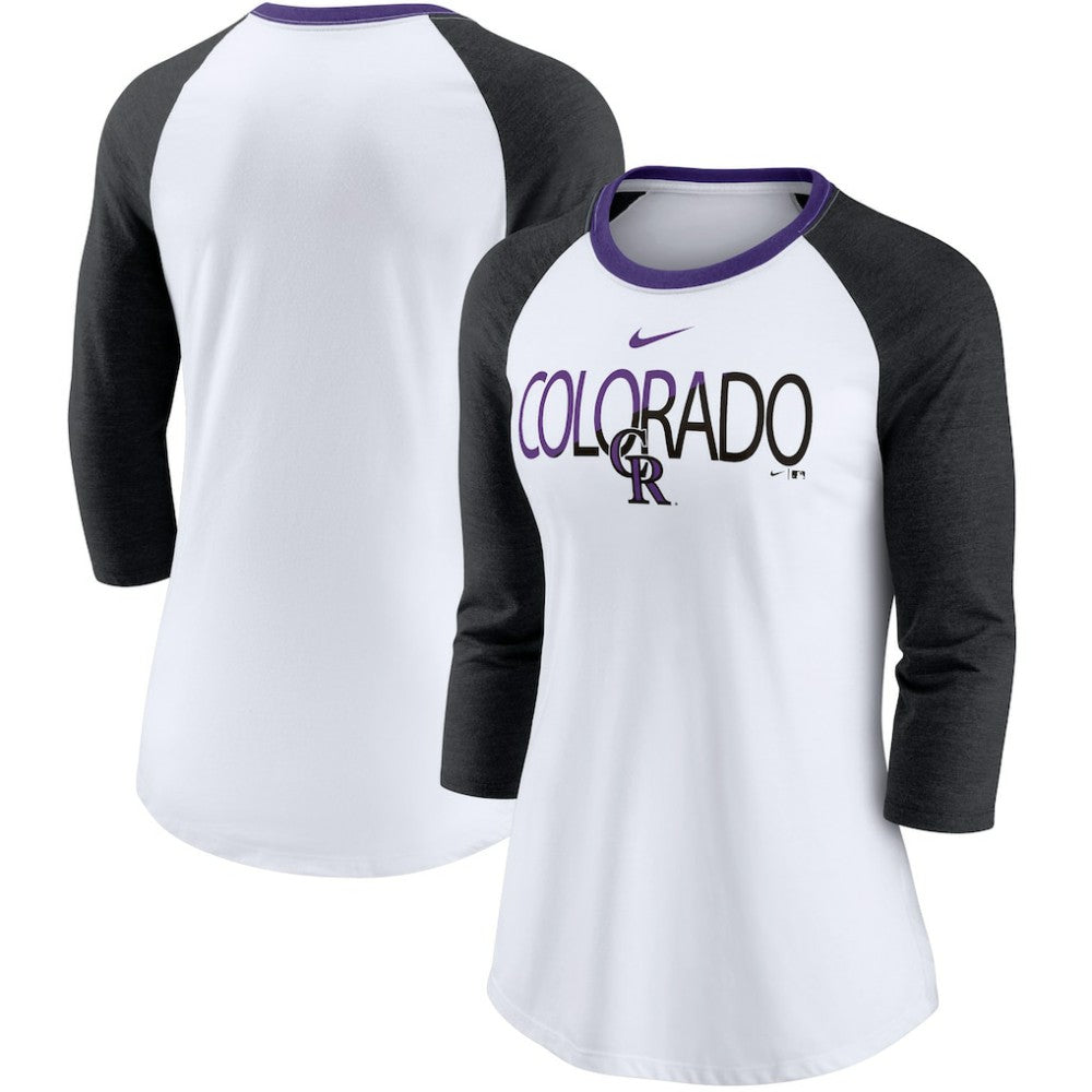 Colorado Rockies Women's Color Split Tri-Blend 3/4-Sleeve Raglan T-Shirt White/Heathered Black | Nike