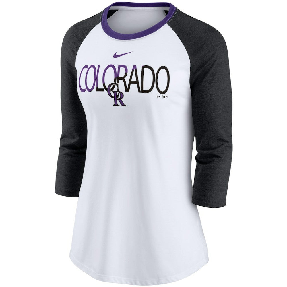 Colorado Rockies Women's Color Split Tri-Blend 3/4-Sleeve Raglan T-Shirt White/Heathered Black | Nike