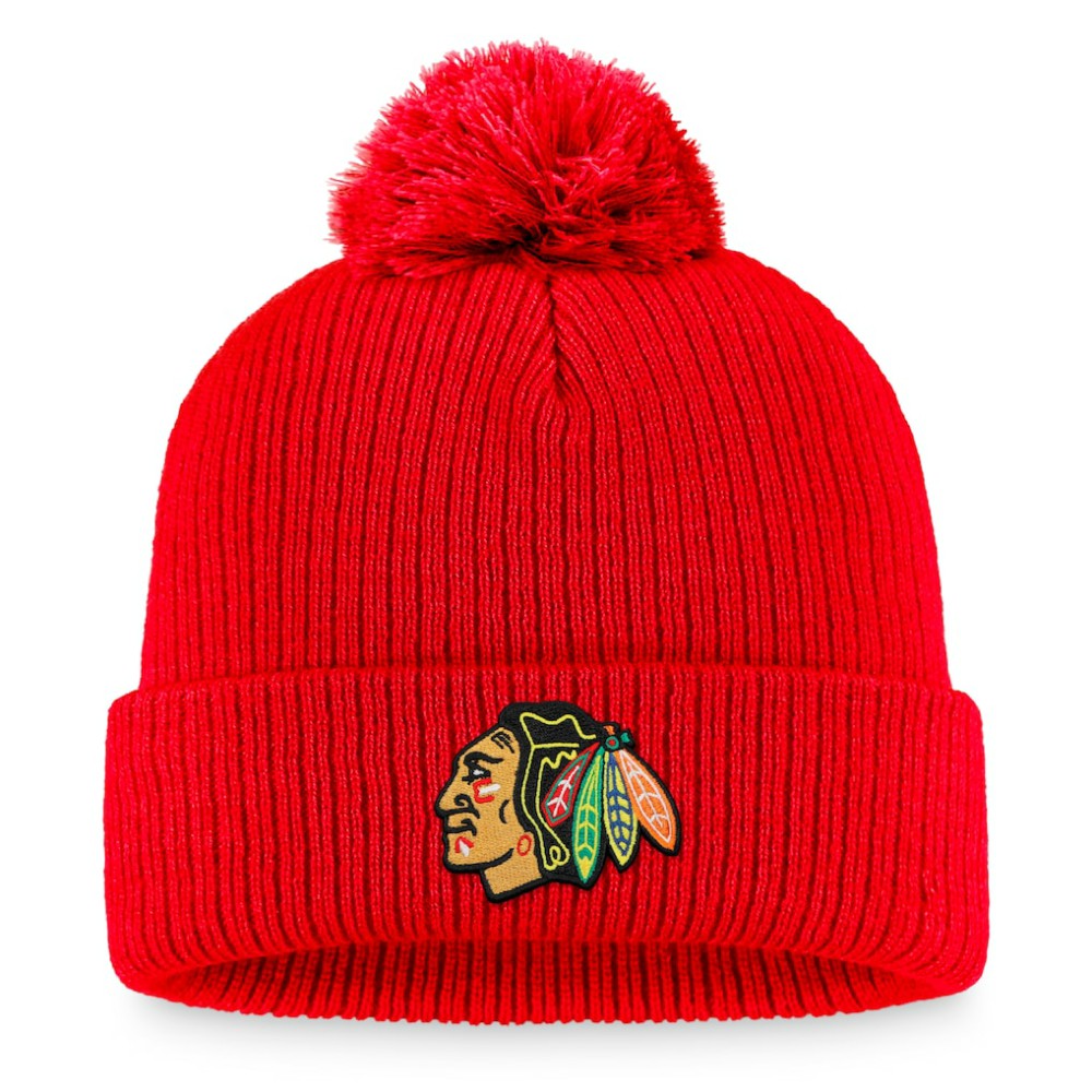 Chicago Blackhawks Fanatics Primary Logo Cuffed Knit Hat with Pom Red
